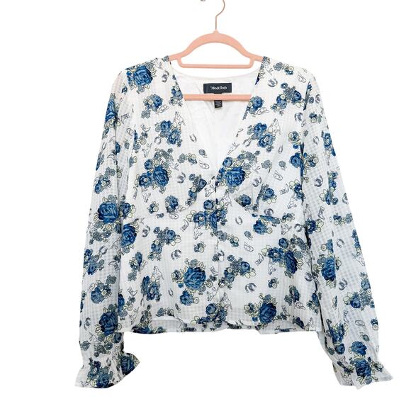 Modcloth Rodeo Rose‎ Button-Up Western Floral Print Top White Blue Size Large - Picture 1 of 6